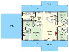 the first floor plan for a house with two separate rooms and an attached pool area