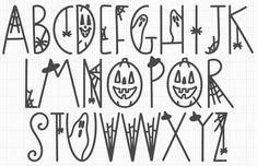 an alphabet with halloween faces drawn on it and the letters are outlined in black ink