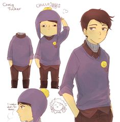 an anime character is wearing purple clothing and has brown pants, with yellow buttons on his head