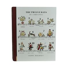 the twelve days of christmas card is shown on a white background with red trimming