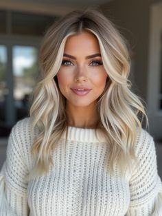 This shoulder-length wavy hairstyle is a perfect match for the winter season. The soft blonde waves bring a natural yet polished vibe, making it easy to pair with winter outfits. Whether you’re going for a casual day look or something a bit more formal, these loose waves will keep you stylish and warm through winter 2024-2025. Hairstyles To Add Volume, Blonde Loose Waves, Medium Length Blonde Hair With Highlights, Long Blonde Winter Hair, Shoulder Length Hair Extensions, Wavy Hairstyles Shoulder Length, Winter Hair Color Ideas 2024, Blonde Hair Winter 2024, Loose Wavy Hairstyles