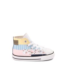 Converse Chuck Taylor All Star Hi Sneaker - Baby / Toddler - Picnic Patchwork Multicolor High-top Canvas Sneakers, Playful Spring Sneakers For Playtime, Cute White High-top Sneakers For Spring, Multicolor Lace-up High-top Sneakers For Spring, Playful Multicolor Spring Sneakers, Multicolor Sneakers For Spring Playtime, Trendy Converse Canvas Shoes In Cotton, Sporty Multicolor Cotton Sneakers, Spring Sporty Cotton High-top Sneakers