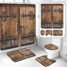 the bathroom is decorated in rustic style with wooden doors and floor mats, along with rugs