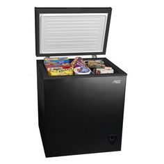 a small black chest freezer with food inside