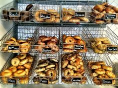 a display case filled with lots of different types of doughnuts