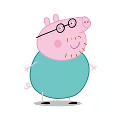 a cartoon pig with glasses and a sweater on, standing in front of a white background