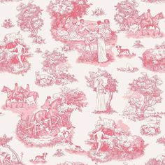 pink and white toiler wallpaper with people on horseback