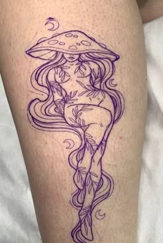 Flat Sheet Tattoos, Thick Fairy Tattoo, Line Work Leg Tattoos Women, Fairy With Locs Tattoo, Mushroom Body Tattoo, Fairy Nature Tattoo, Goddess Body Tattoo, Tattoo Design Drawings Thigh, Mushroom And Fairy Tattoo