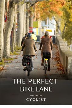 two bicyclists riding down the street with trees lining both sides and an advertisement that says, the perfect bike lane