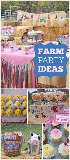 farm party ideas with pictures of farm animals, hay bales and cupcakes