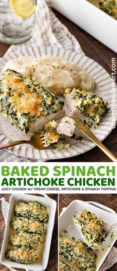 baked spinach and artichoke chicken in a casserole dish on a plate