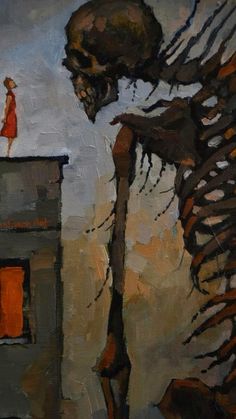 a painting of a woman standing on top of a building next to a giant skeleton