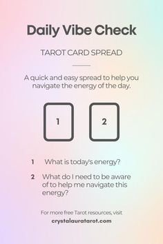 This is a 2 card Tarot Spread, ideal for beginners. It has two cards placed next to eachother horizontally. Card 1 = What is today's energy? Card 2 = What do I need to be aware of to help me navigate this energy? Tarot Spreads For Self Reflection, Quick Tarot Reading, Tarot Cards Learning, Tarot Spreads Daily, Practice Tarot Spreads, Daily Tarot Spreads One Card, How To Do A Tarot Reading, Tarot Daily Spread, Tarot Deck Spreads