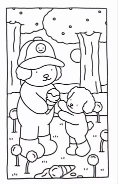 a coloring book page with a bear and fireman in the woods, holding a teddy bear