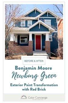 a blue house with the words before and after painted on it, next to a red door