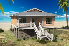 a small house on the beach with stairs leading up to it's second floor