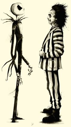 a black and white drawing of a man standing next to a creepy looking character in striped clothing