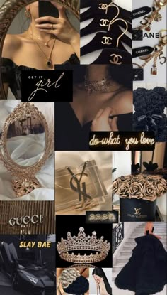 a collage of black and gold items with the words do what you love on them