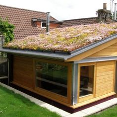 a house with a green roof and purple walls