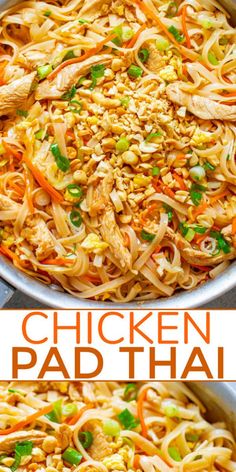 chicken pad thai noodles with carrots and green onions