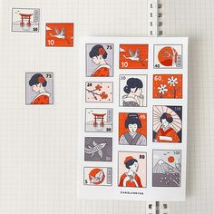 an open notebook with stamps on it and pictures of women in the style of geisha