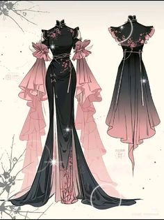 an illustration of a dress with long sleeves and flowers on the skirt, in black and pink