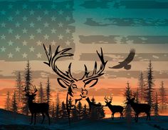 two deer and an eagle are silhouetted against the american flag on a snowy hill