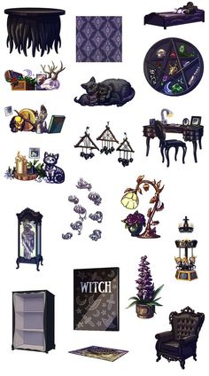 a bunch of different types of furniture and decorations on a white background with the words witch written below it