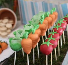 carrots and radishes are arranged on skewers in the shape of flowers