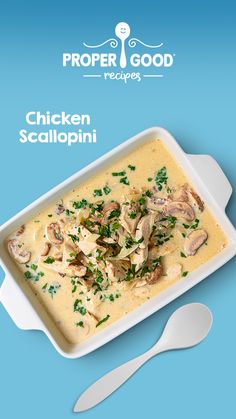 chicken scallopini in a white casserole dish on a blue background