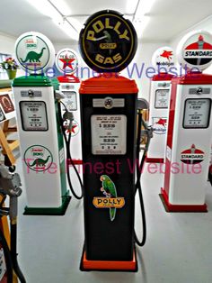 there are many different types of gas pumps in this shop, including one for the petrol station