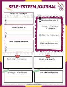 Self-Esteem Journal Worksheet for Kids and Teens Boost Your Self Esteem, Self Esteem Worksheets, Self Esteem Activities, Journal For Kids, Self Esteem Issues, Mental Health Center, Building Self Esteem, Counseling Activities