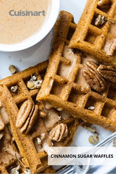 cinnamon sugar waffles with coffee and nuts on the side, next to a spoon