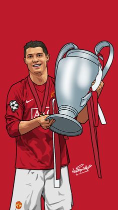 a drawing of a man holding a soccer trophy