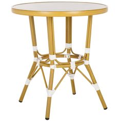 a round table with wooden legs and white glass top, on an isolated white background