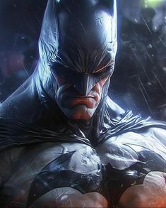 the batman is standing in the rain with his hands on his hips and eyes closed