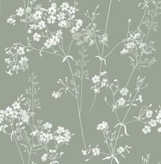 a wallpaper with white and blue flowers on a light green background in shades of gray