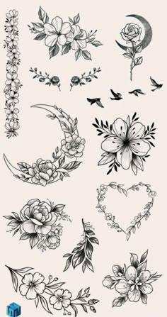 some flowers and birds are drawn on the back of a sheet of paper with black ink