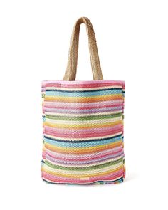 Bring a smile to everyone's face this season with this luxe woven tote with rainbow stripes and our signature eternal optimist pink smiley! Whether you use it as a beach bag, purse, or work bag, this fun tote is sure to brighten up your days! Dimensions: 16.50" x 13.25" x 3.5" Durable multicolored rattan Embroidered smiley patch Everyday Striped Straw Bag, Woven Striped Bags, Striped Woven Tote Bag, Striped Rectangular Bag With Braided Handles, Striped Beach Bag With Braided Handles, Striped Woven Bags For Daily Use, Striped Beach Bag For Everyday Summer Use, Striped Woven Travel Bag, Woven Striped Travel Bag