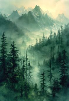 a painting of trees and mountains in the foggy forest with mist coming from them