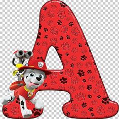 the paw patrol character is in front of a large letter with paw prints on it