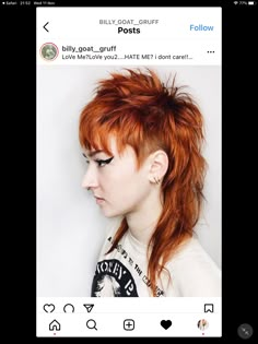 Modern Punk Hairstyles Women, Shag Haircut Shaved Sides, Copper Mullet Hair, Fukuhilla Hair, Long Deathhawk, Shag With Shaved Sides, Mohawk Mullet Woman, Womens Mullet Hairstyles