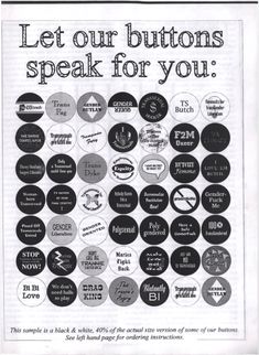 an advertisement for buttons with the words let our buttons speak for you in black and white