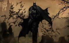 a painting of a batman standing in front of bats