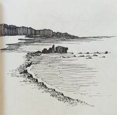 an ink drawing of a beach with rocks and trees in the distance, on a white paper