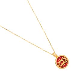 Shield yourself from negative energies with the Minimalist Coral & Gold Round Evil Eye Pendant Talisman Necklace. Featuring a round coral stone, adorned with a gold evil eye talisman, this pendant is designed for spiritual protection. Crafted with 18k gold plating on sterling silver and paired with a luxurious gold vermeil chain, this minimalist necklace is both fashionable and meaningful, perfect for everyday wear. Details 18K gold plated on sterling silver Coral stone Necklace length 18" and 2'' extender Pendant height 0. 5'' Pendant width 0. 5'' Avoid contact with chemicals, makeup, parfume. Do not use dips or abrasive cleaners on necklace. To clean and brighten it up your necklace, wipe them gently with jewelry polishing cloth. Red Necklace With Adjustable Chain, Red Charms Necklace With Round Pendant, Red Charms Round Pendant Necklace, Red Necklace With Charms And Round Pendant, Red Necklace With Round Pendant And Charms, Red Pendant Jewelry For Everyday, Symbolic Red Gemstone Jewelry, Spiritual Red Round Pendant Jewelry, Red Spiritual Round Pendant Jewelry