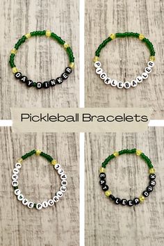 three different bracelets with the words pickleball bracelets written in white, black and green beads