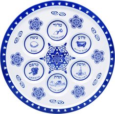 a blue and white plate with twelve zodiac signs on it's center, surrounded by smaller circles