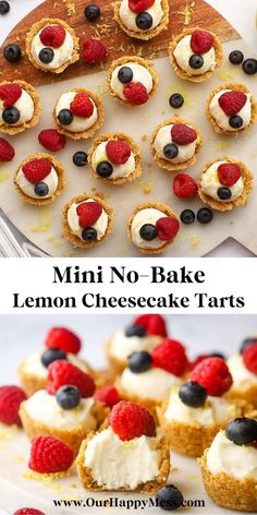 mini no - bake lemon cheesecake tarts with berries on top