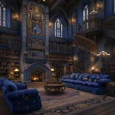 a living room filled with blue couches next to a fire place in a library